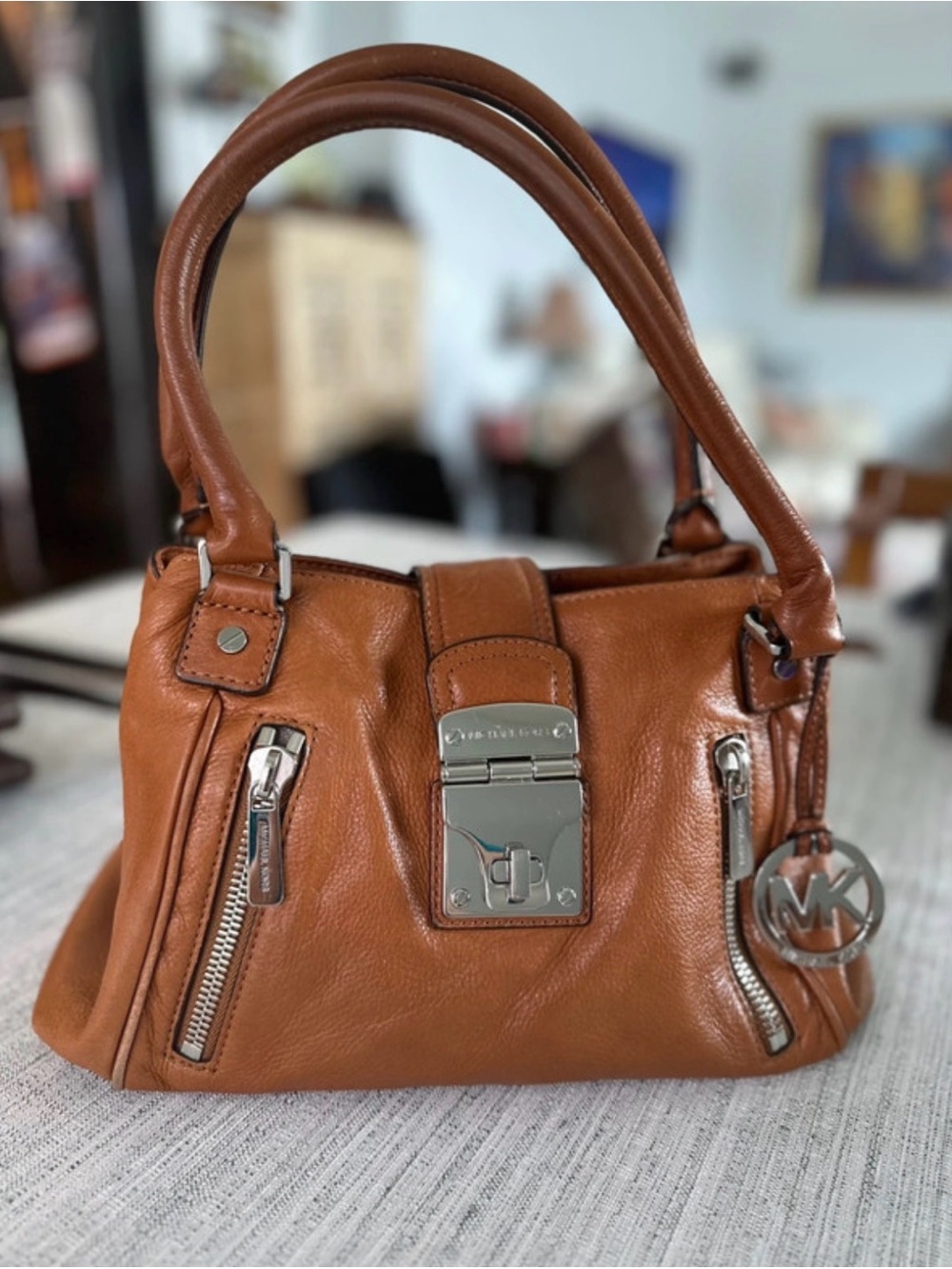 Gorgeous, Rare, HTF Michael Kors Cognac Leather Satchel with Silver Hardware